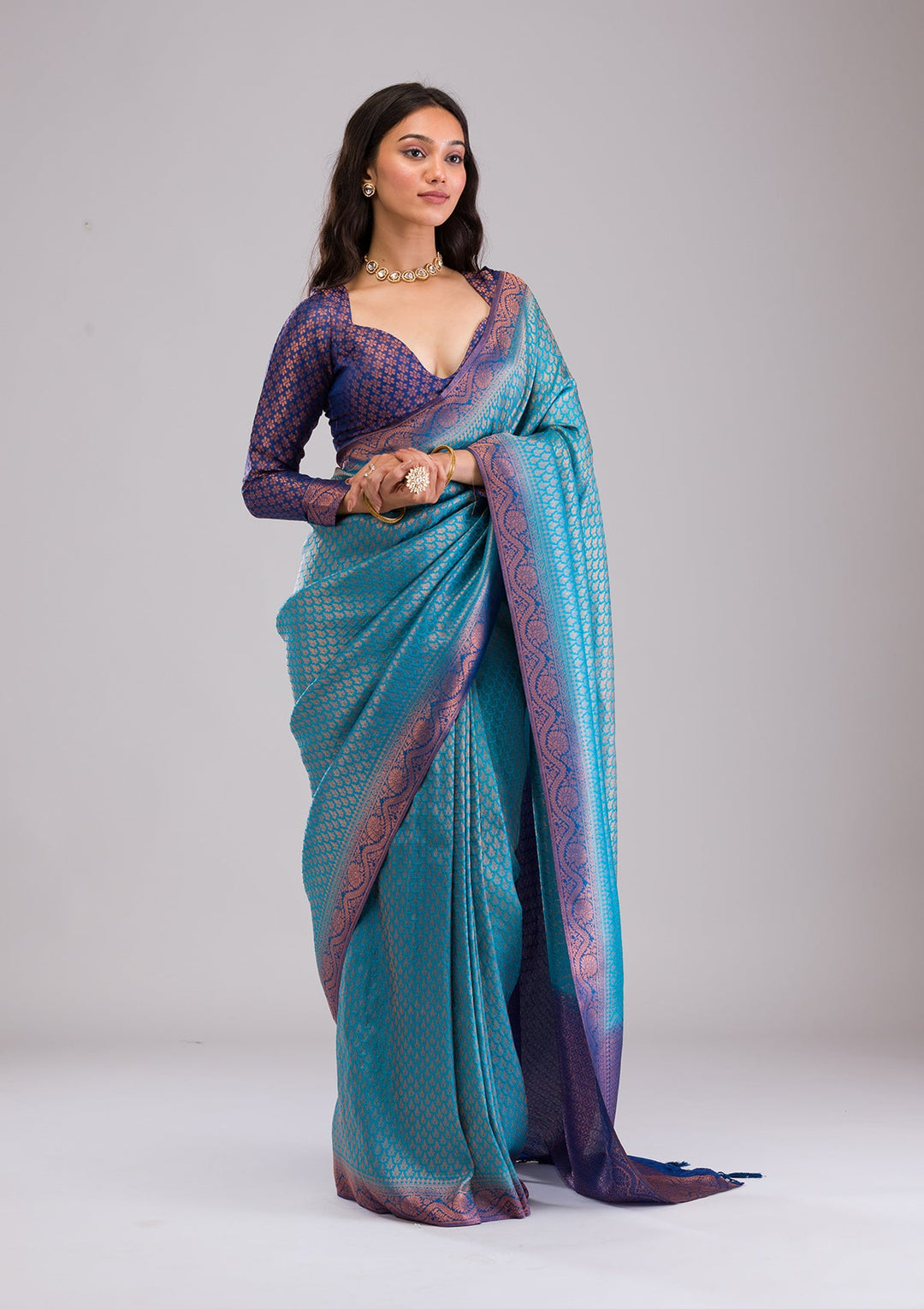 Turquoise Blue Zariwork Soft Silk Saree-Koskii