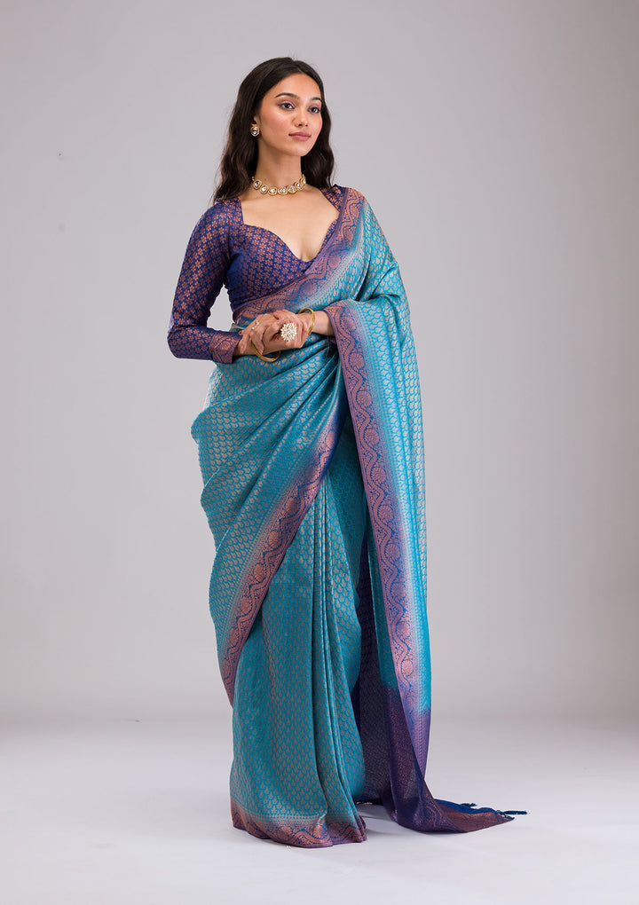 Turquoise Blue Zariwork Soft Silk Saree-Koskii