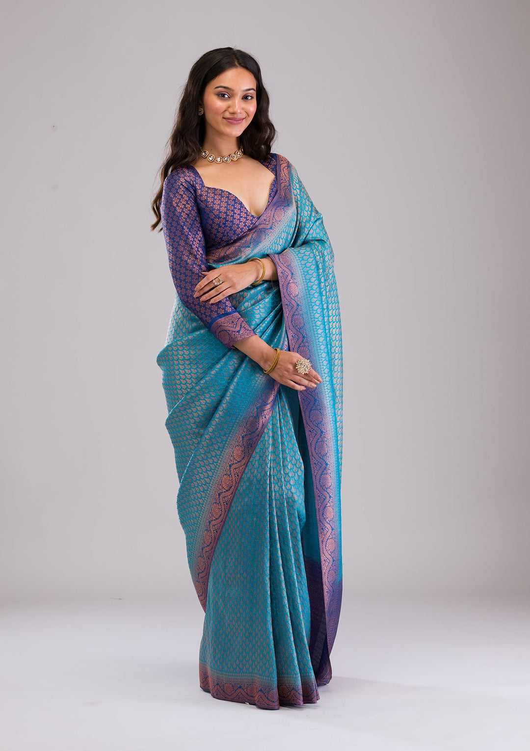 Turquoise Blue Zariwork Soft Silk Saree-Koskii