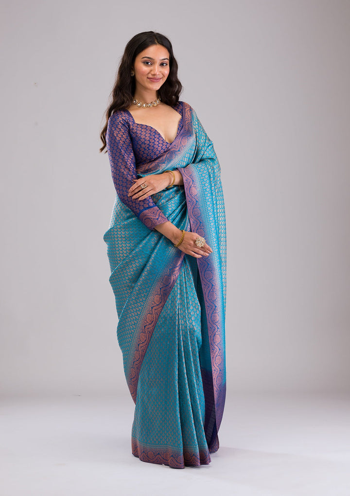 Turquoise Blue Zariwork Soft Silk Saree-Koskii