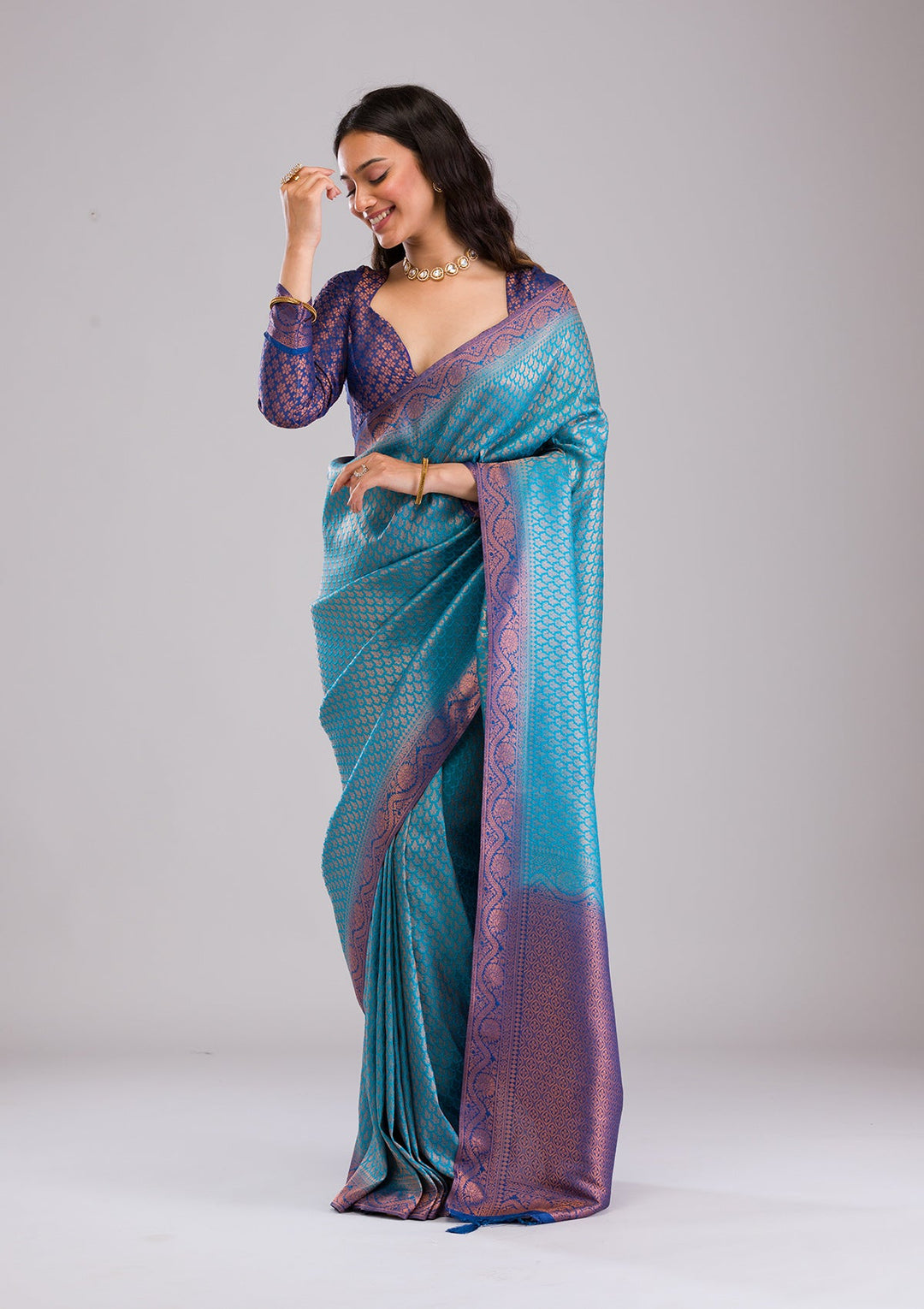 Turquoise Blue Zariwork Soft Silk Saree-Koskii