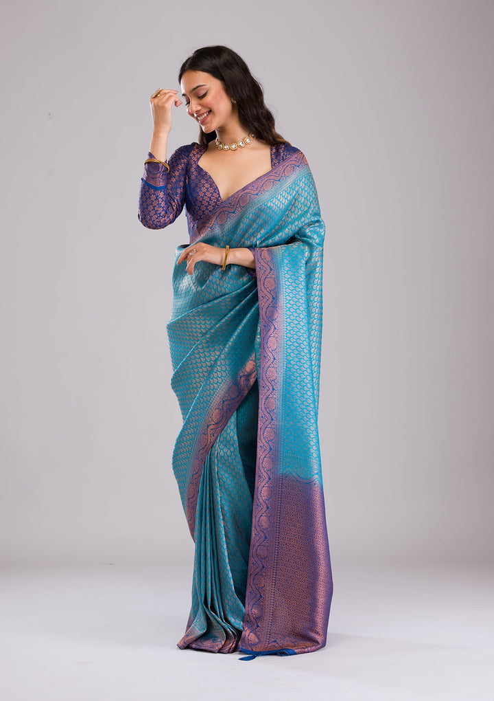 Turquoise Blue Zariwork Soft Silk Saree-Koskii