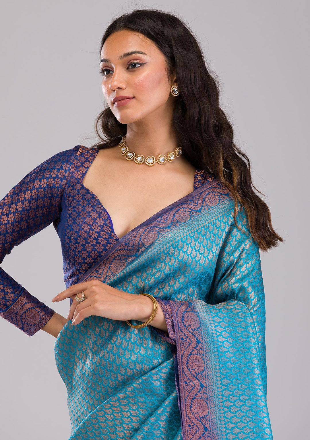 Turquoise Blue Zariwork Soft Silk Saree-Koskii