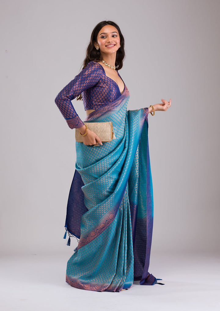 Turquoise Blue Zariwork Soft Silk Saree-Koskii