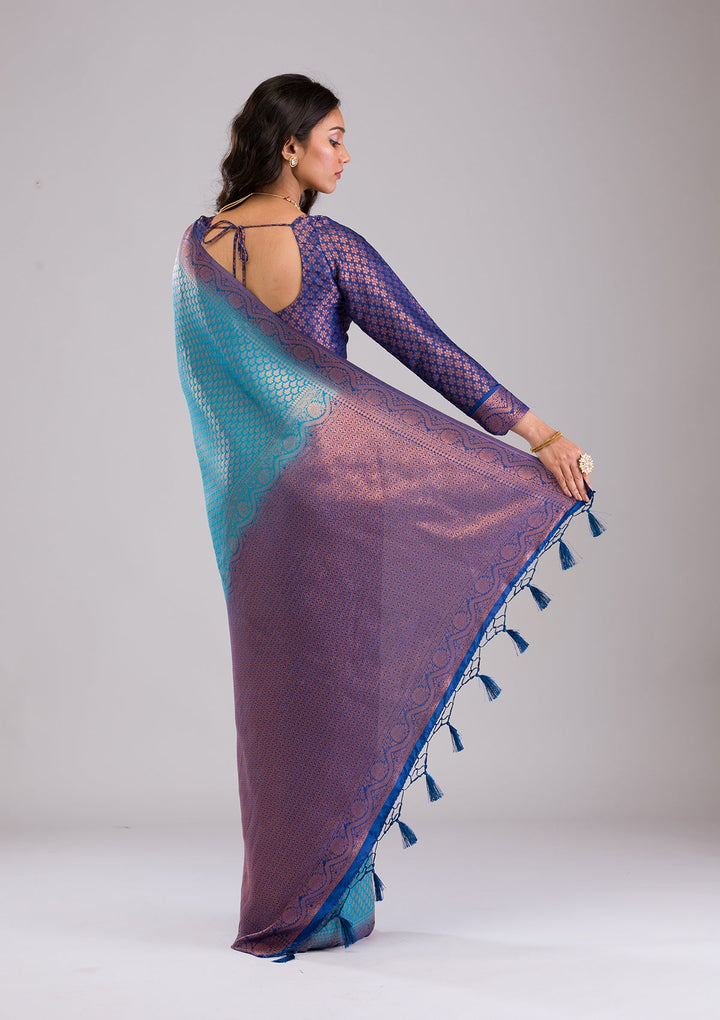 Turquoise Blue Zariwork Soft Silk Saree-Koskii