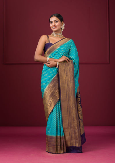 Turquoise Blue Zariwork Soft Silk Saree-Koskii