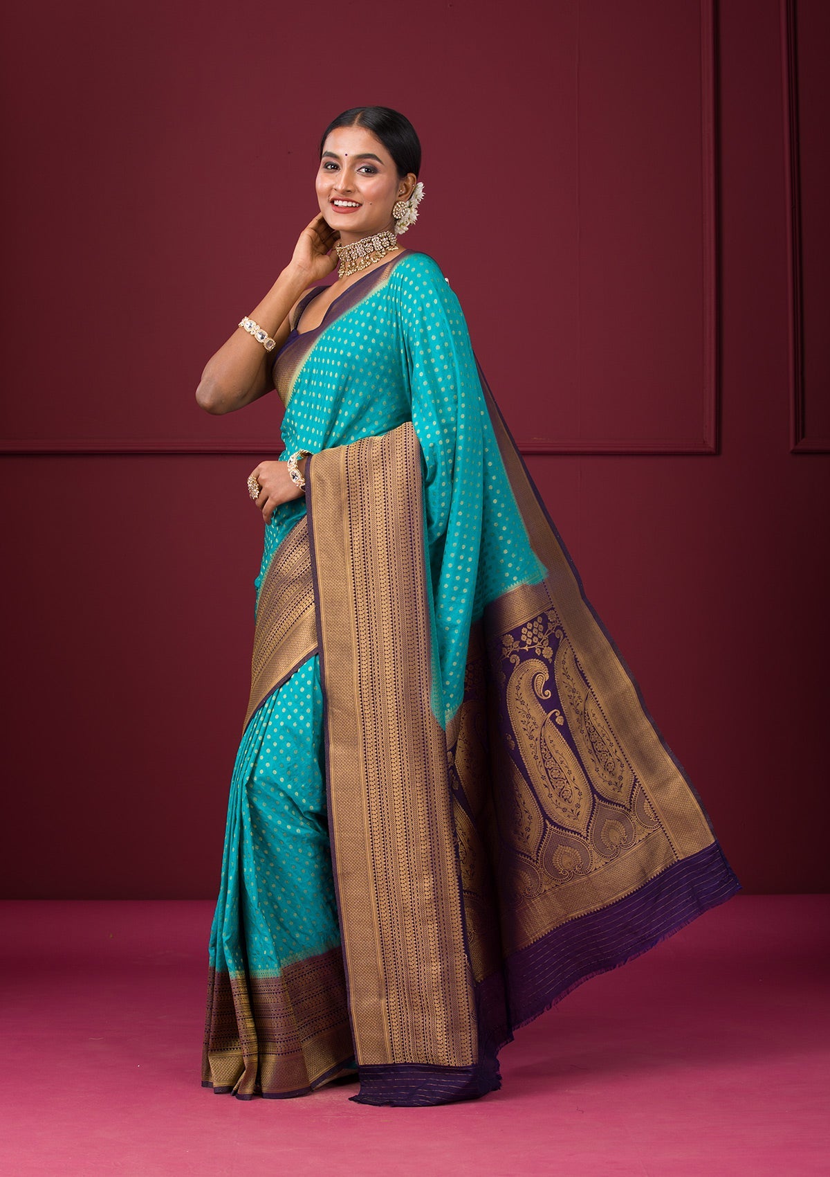 Turquoise Blue Zariwork Soft Silk Saree-Koskii