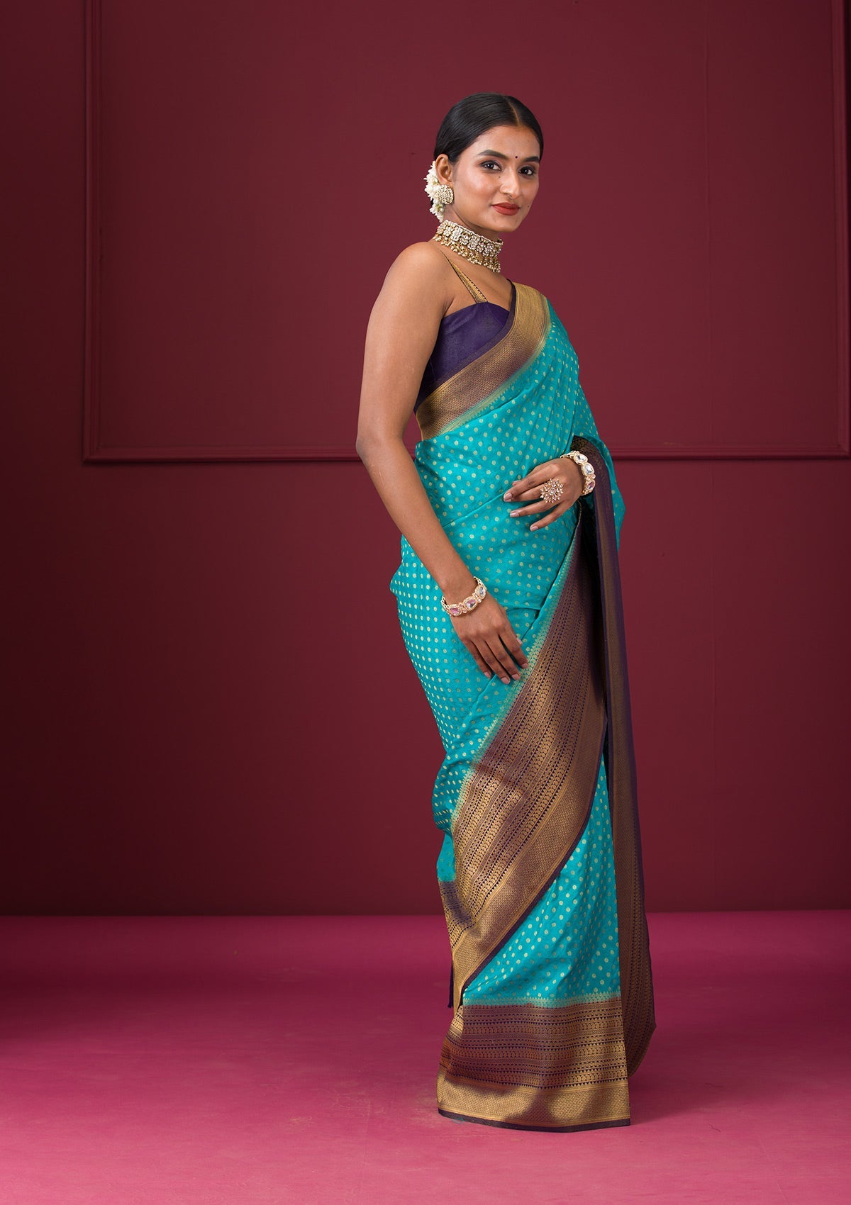 Turquoise Blue Zariwork Soft Silk Saree-Koskii