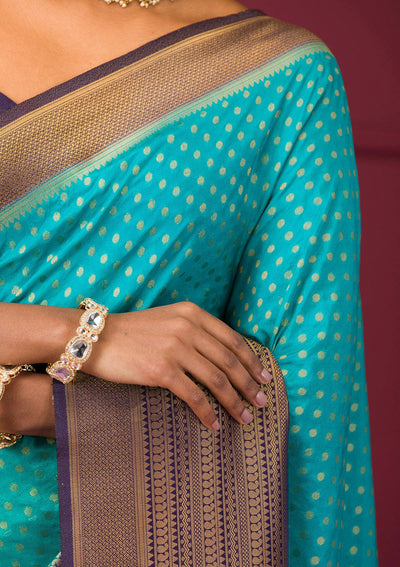 Turquoise Blue Zariwork Soft Silk Saree-Koskii