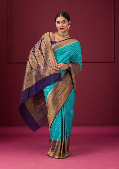 Turquoise Blue Zariwork Soft Silk Saree-Koskii