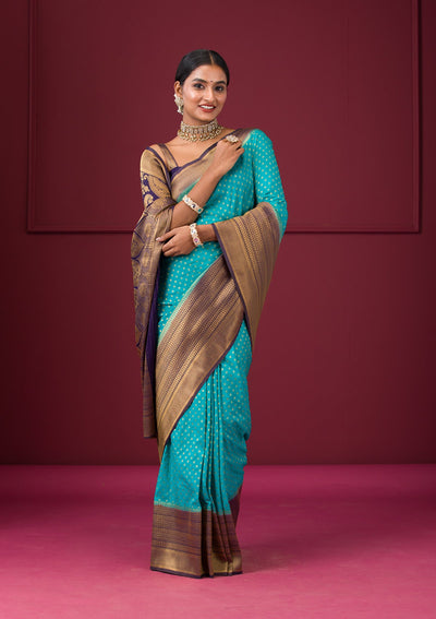 Turquoise Blue Zariwork Soft Silk Saree-Koskii