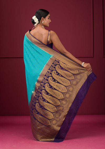 Turquoise Blue Zariwork Soft Silk Saree-Koskii