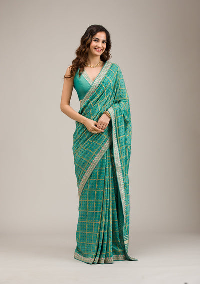 Turquoise Blue Zariwork Soft Silk Saree-Koskii