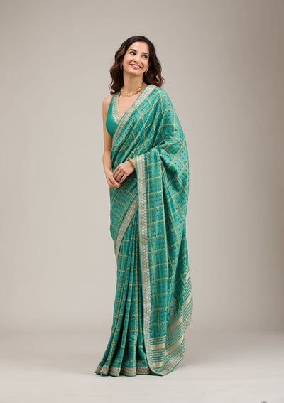 Turquoise Blue Zariwork Soft Silk Saree-Koskii