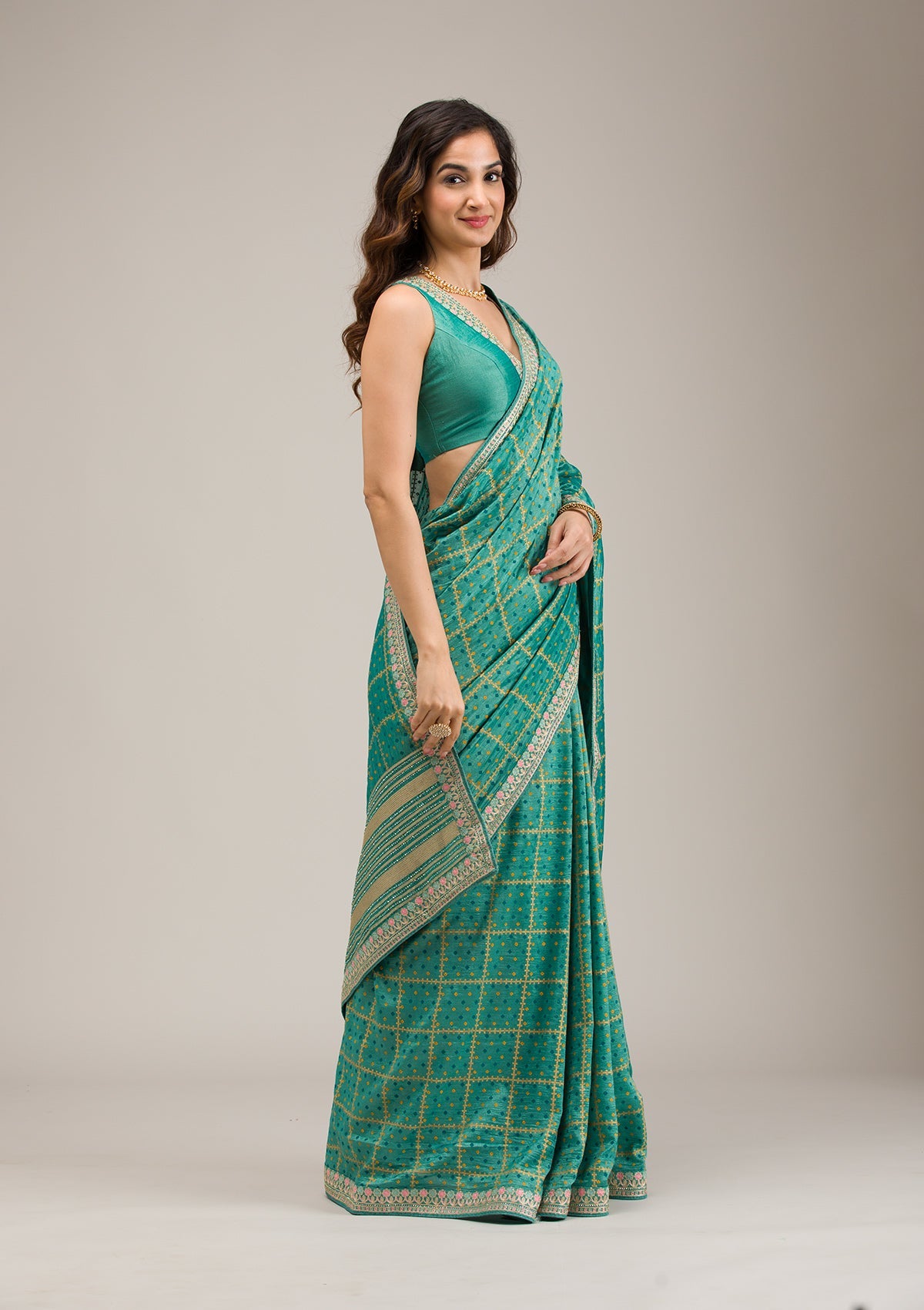 Turquoise Blue Zariwork Soft Silk Saree-Koskii