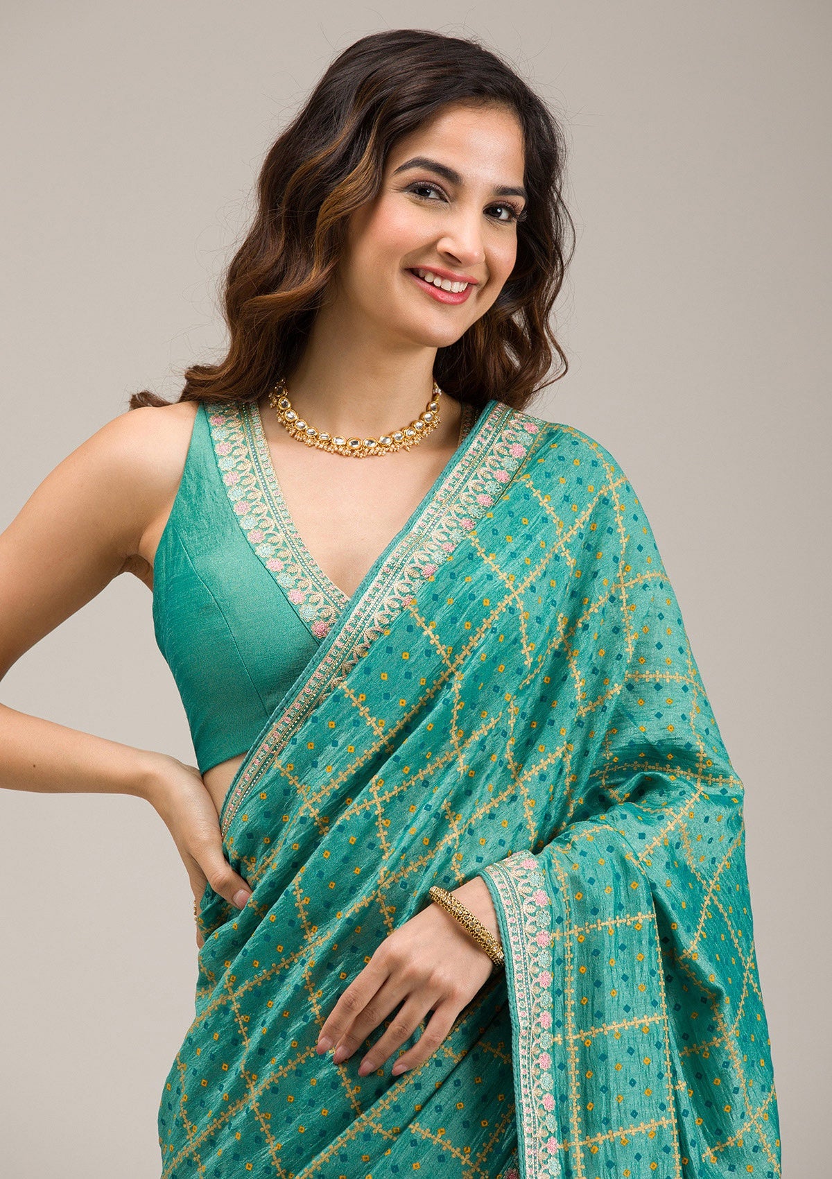 Turquoise Blue Zariwork Soft Silk Saree-Koskii