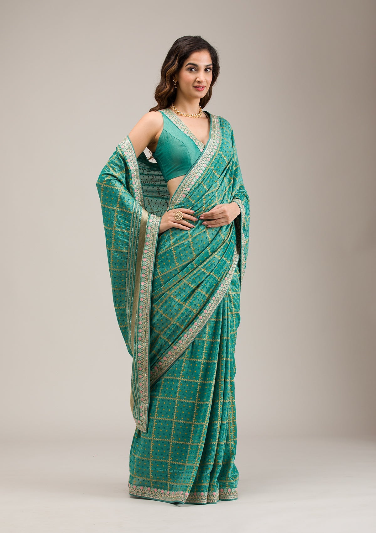 Turquoise Blue Zariwork Soft Silk Saree-Koskii