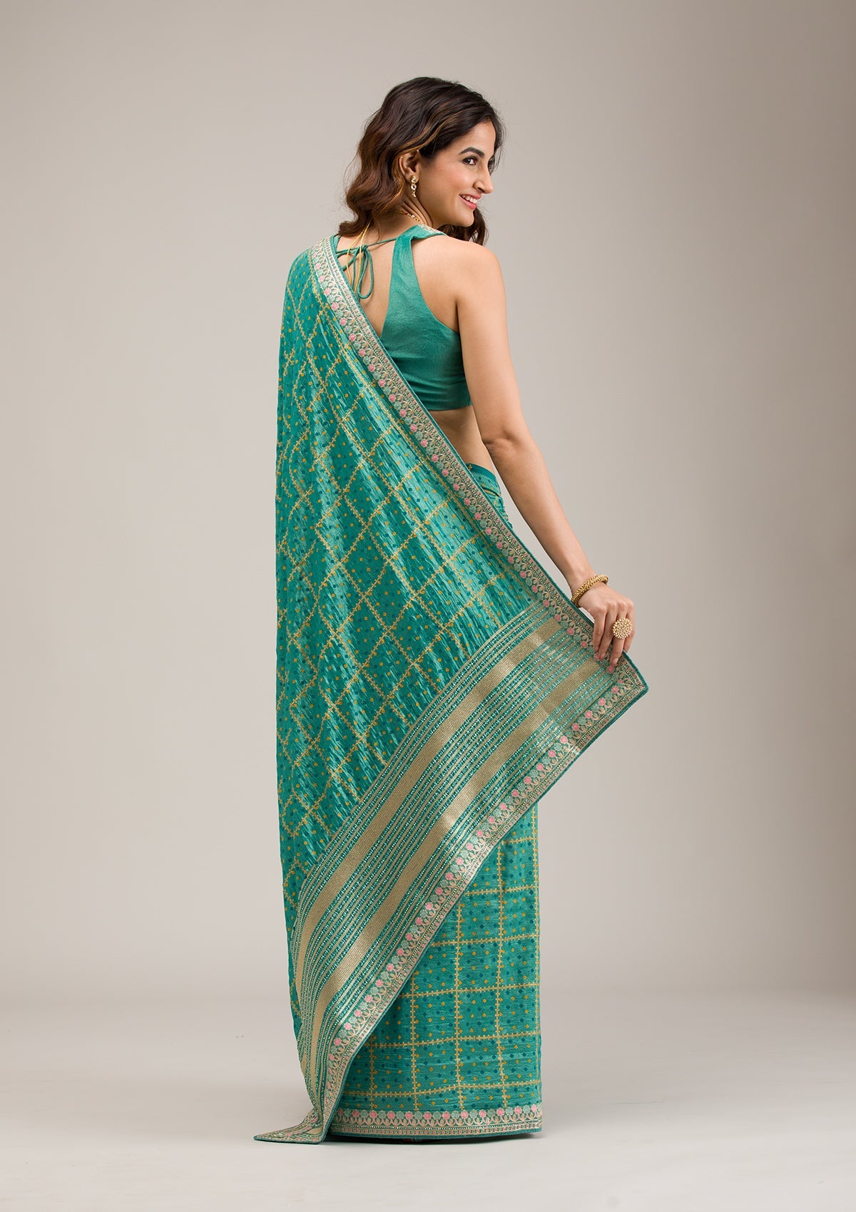 Turquoise Blue Zariwork Soft Silk Saree-Koskii