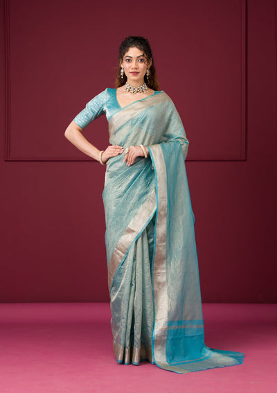 Turquoise Blue Zariwork Tissue Saree