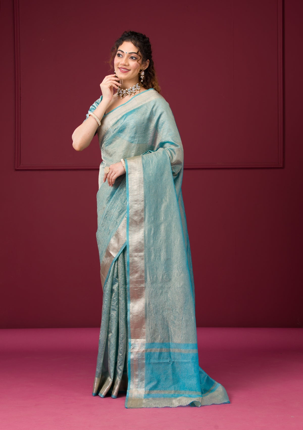 Turquoise Blue Zariwork Tissue Saree