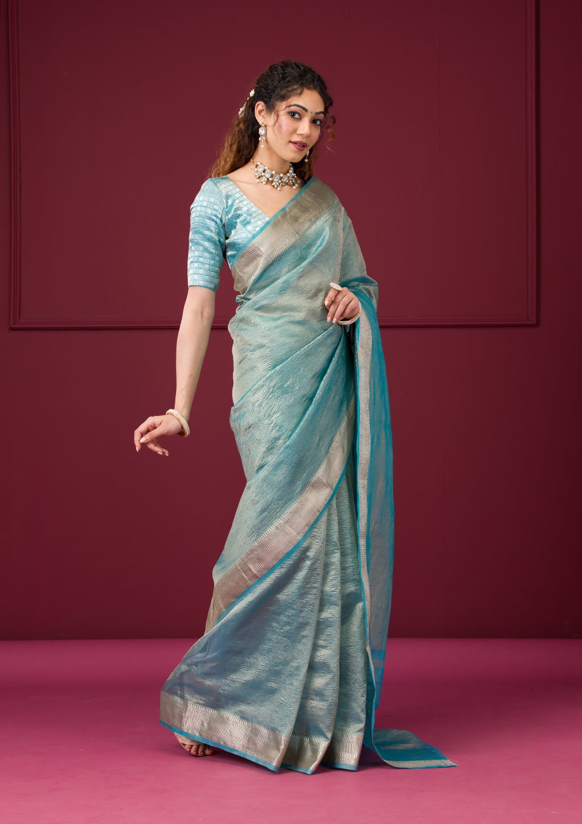 Turquoise Blue Zariwork Tissue Saree