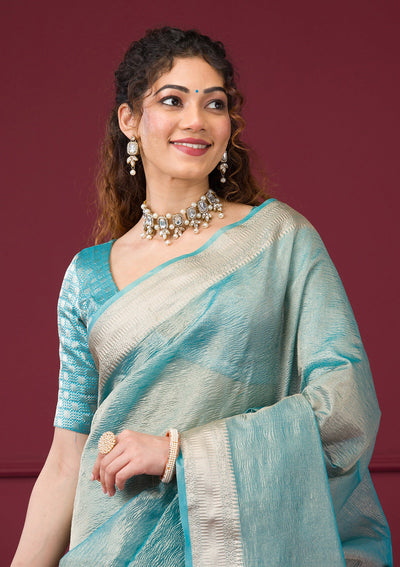 Turquoise Blue Zariwork Tissue Saree