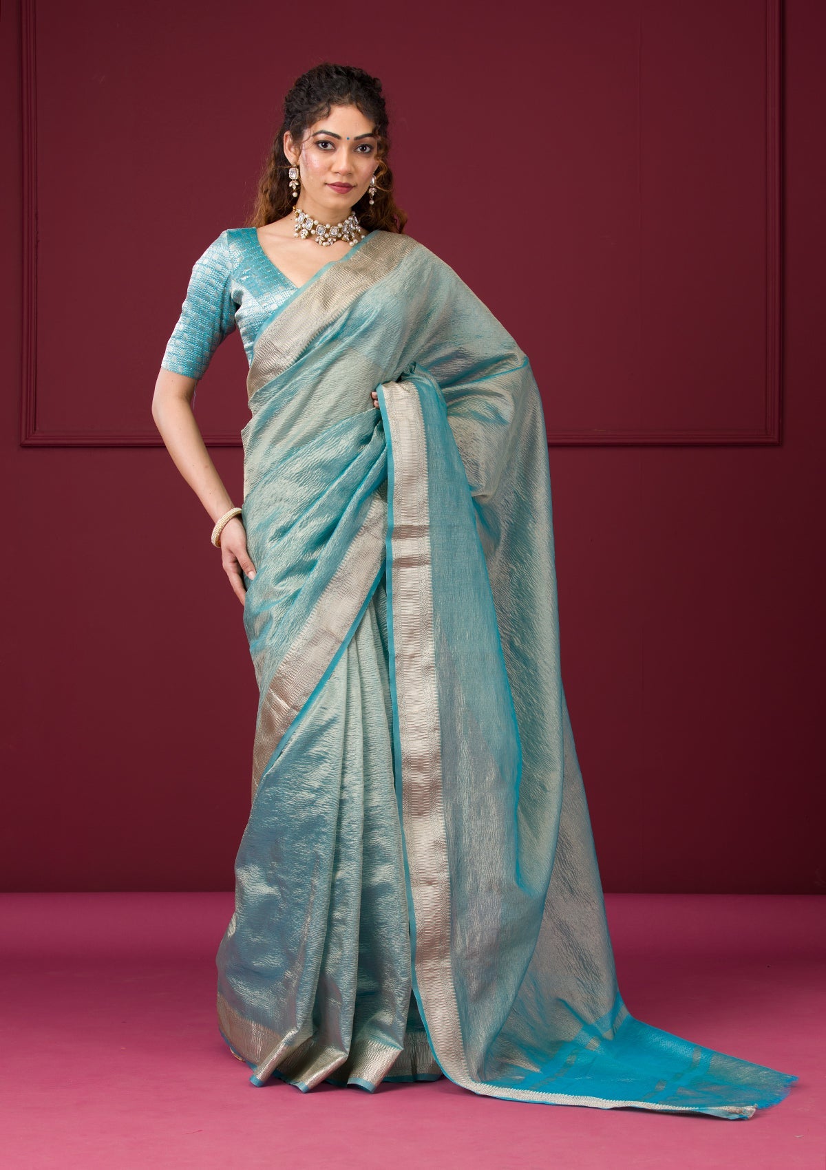 Turquoise Blue Zariwork Tissue Saree