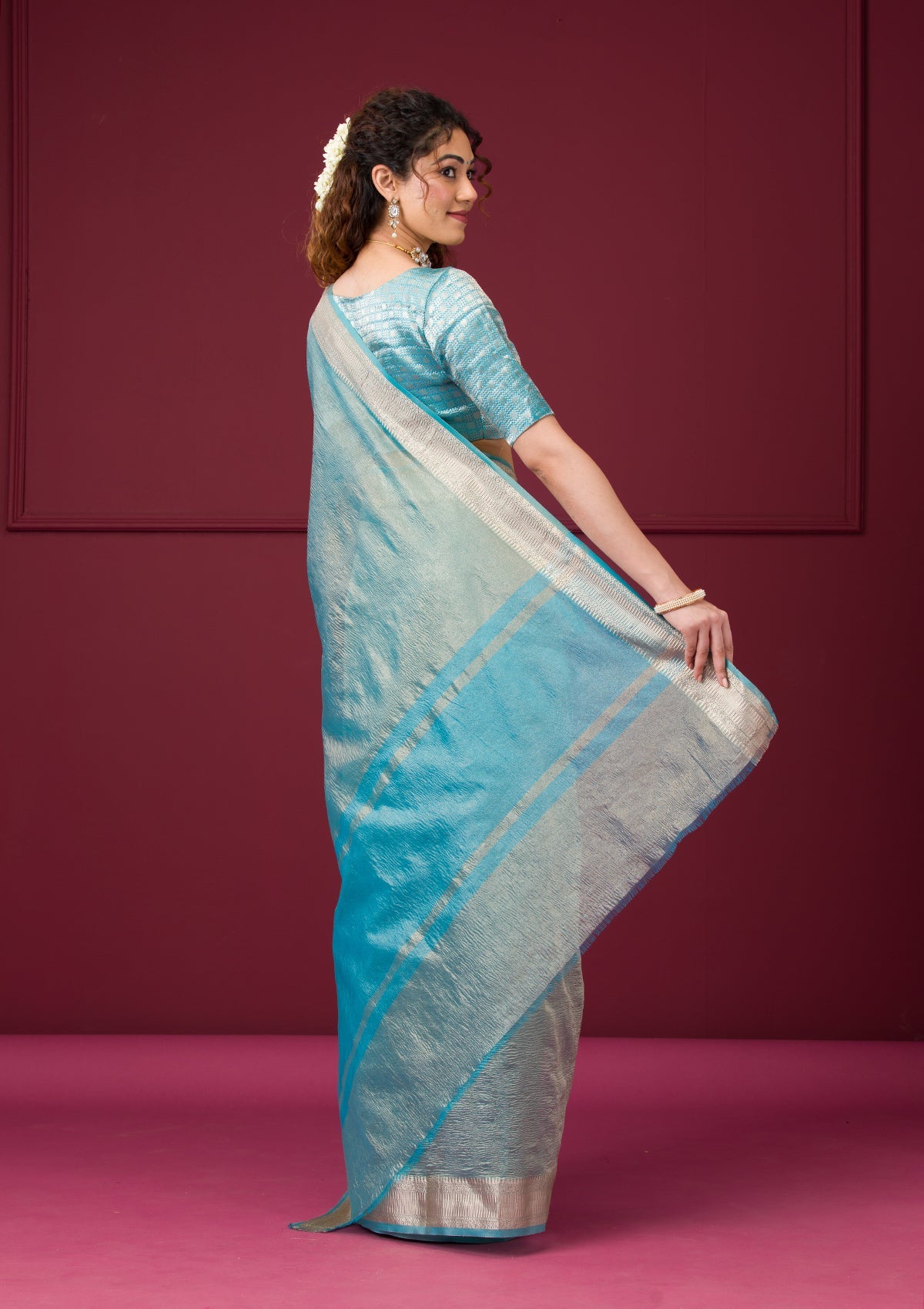 Turquoise Blue Zariwork Tissue Saree