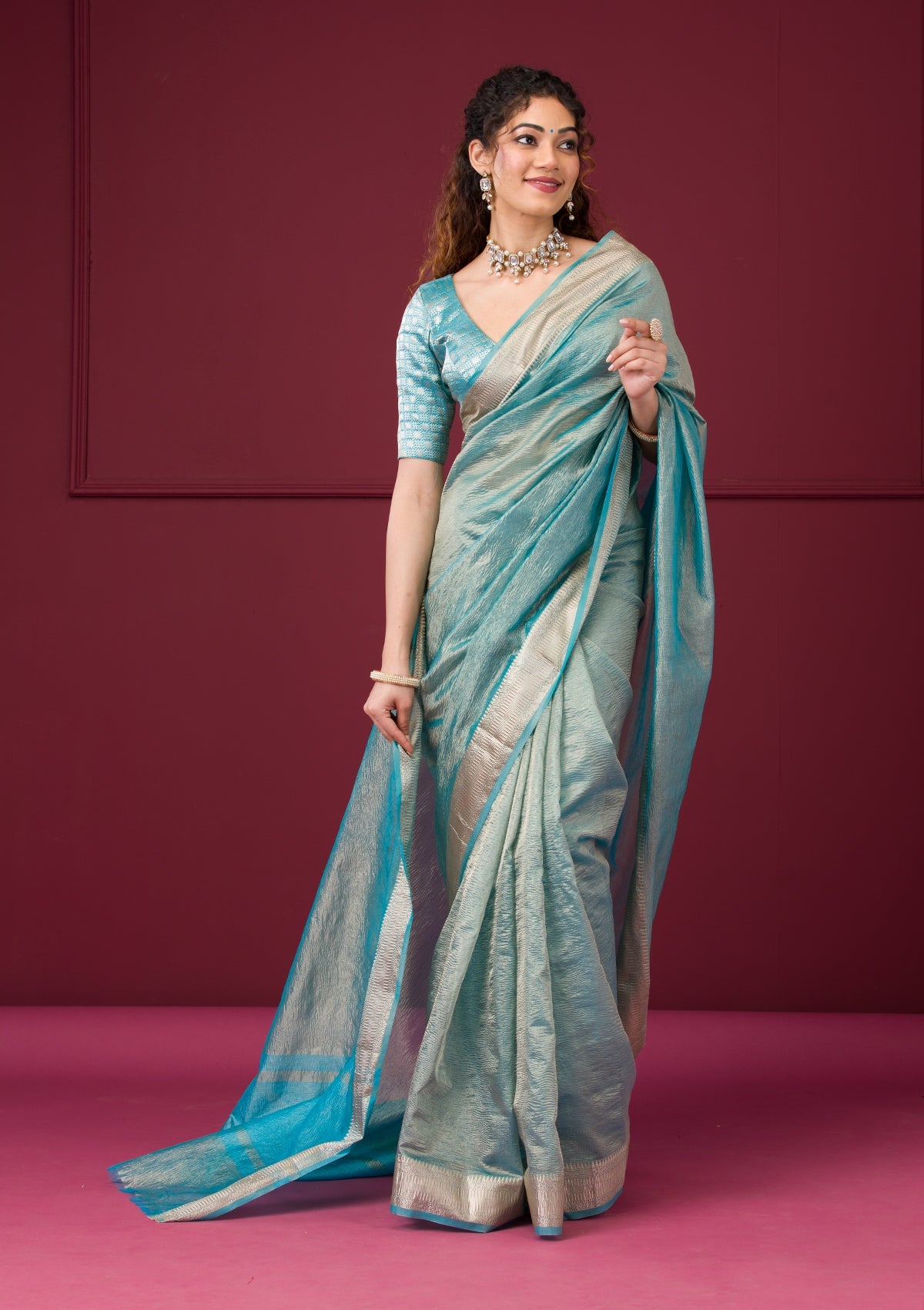 Turquoise Blue Zariwork Tissue Saree