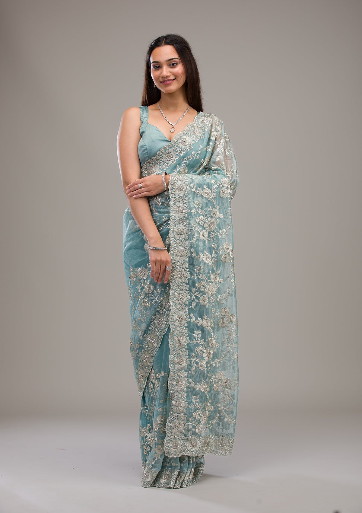 Turquoise Blue Zariwork Tissue Saree-Koskii