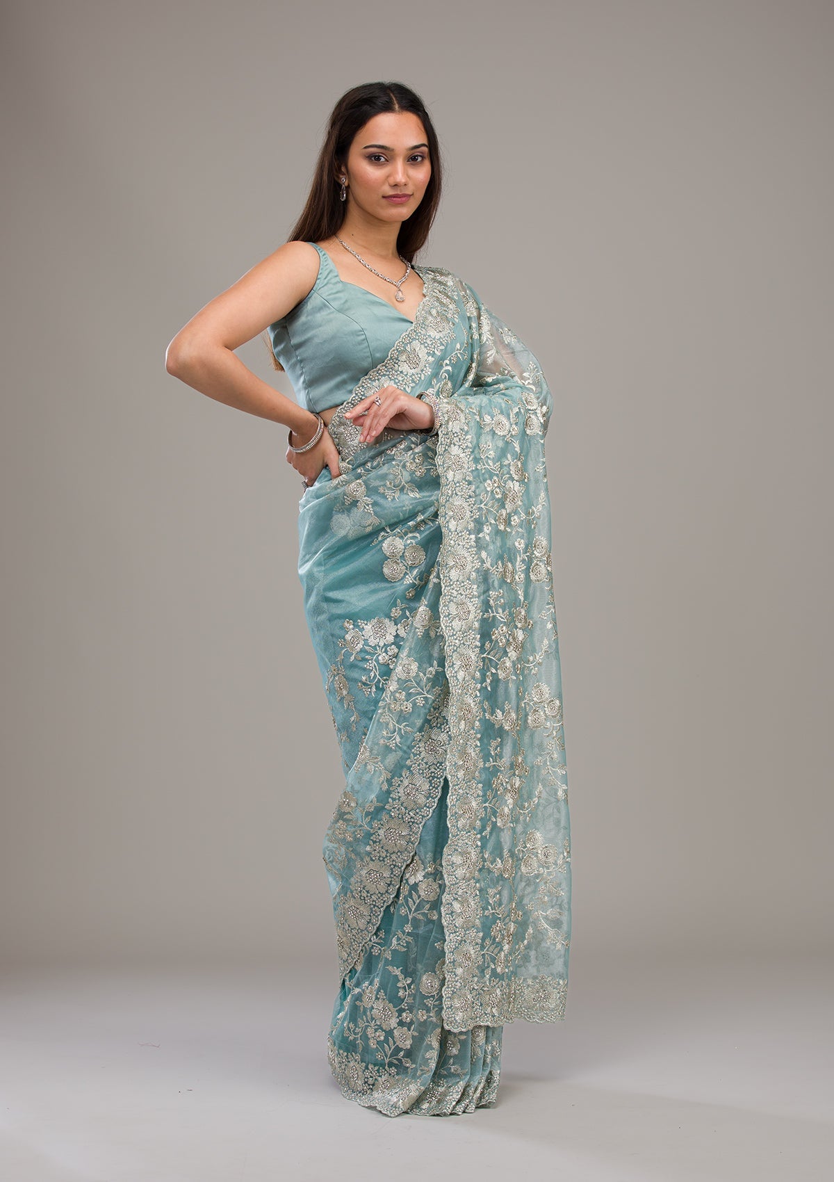 Turquoise Blue Zariwork Tissue Saree-Koskii