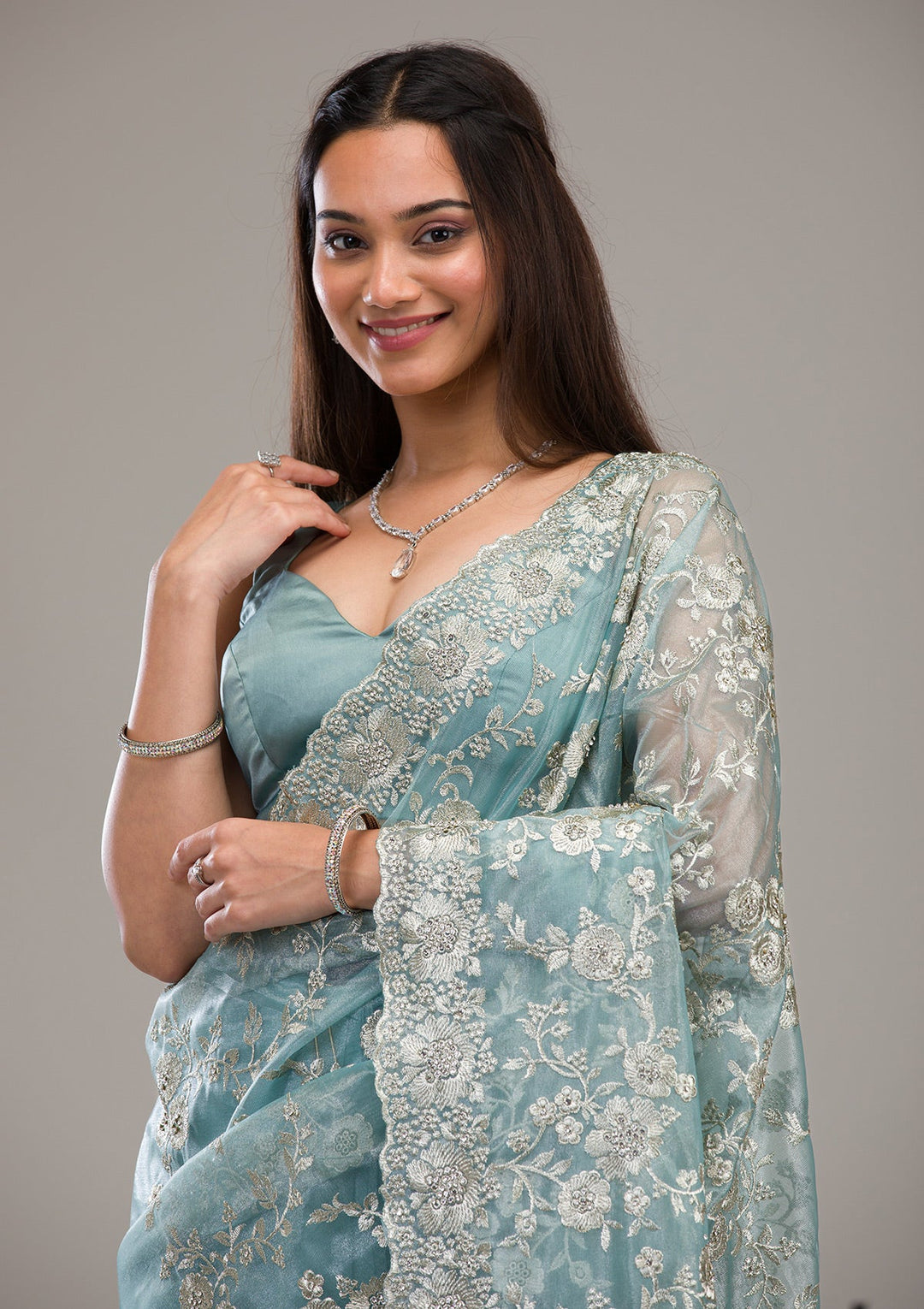 Turquoise Blue Zariwork Tissue Saree-Koskii
