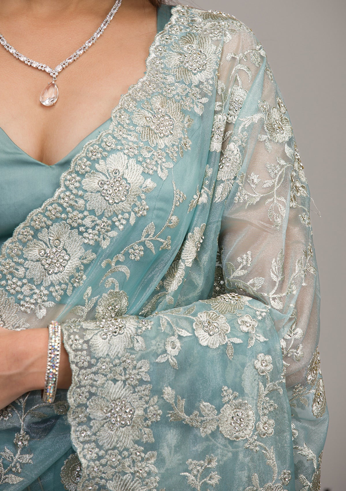 Turquoise Blue Zariwork Tissue Saree-Koskii