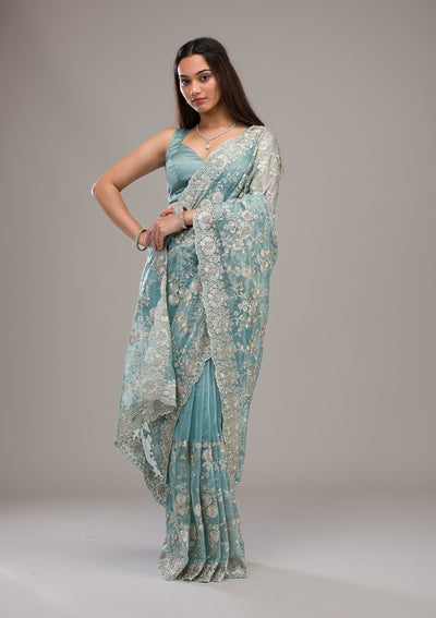 Turquoise Blue Zariwork Tissue Saree-Koskii