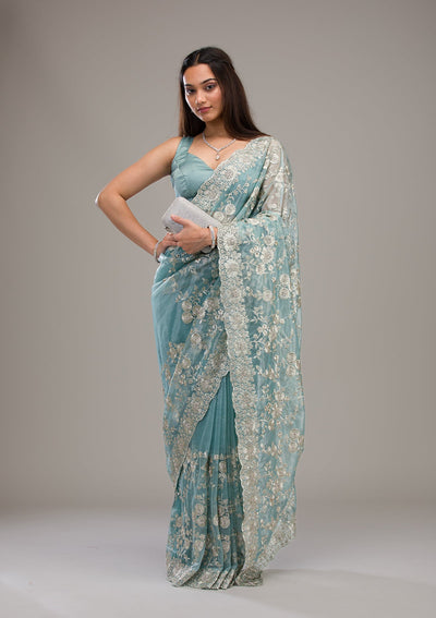 Turquoise Blue Zariwork Tissue Saree-Koskii