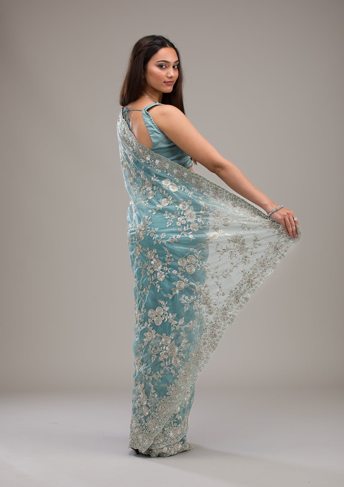 Turquoise Blue Zariwork Tissue Saree-Koskii