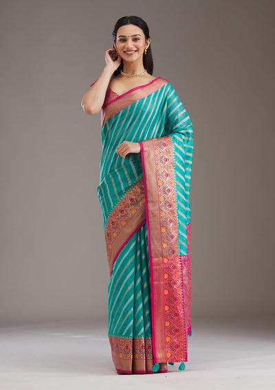 Turquoise Blue Zariwork Tissue Saree-Koskii