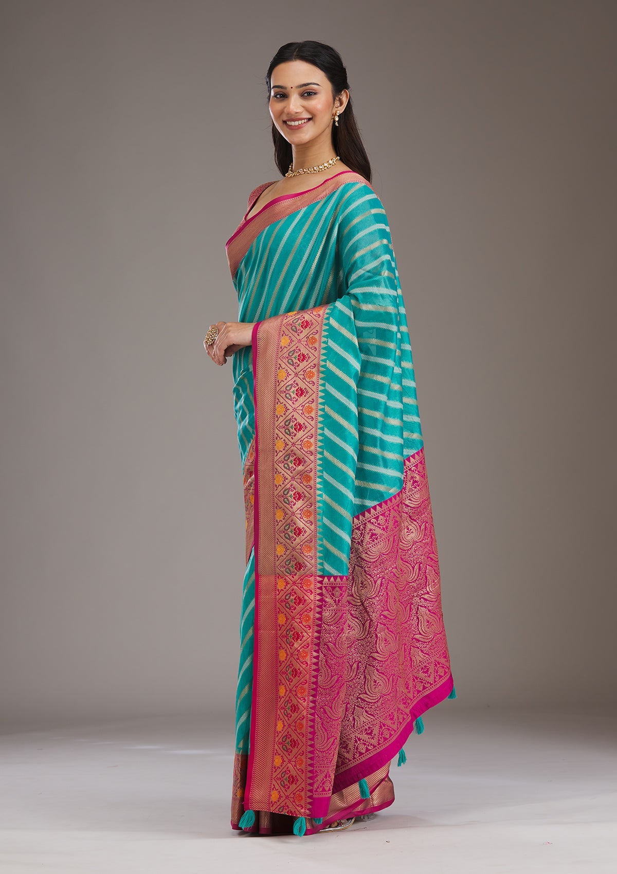 Turquoise Blue Zariwork Tissue Saree-Koskii