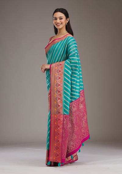 Turquoise Blue Zariwork Tissue Saree-Koskii