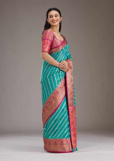 Turquoise Blue Zariwork Tissue Saree-Koskii