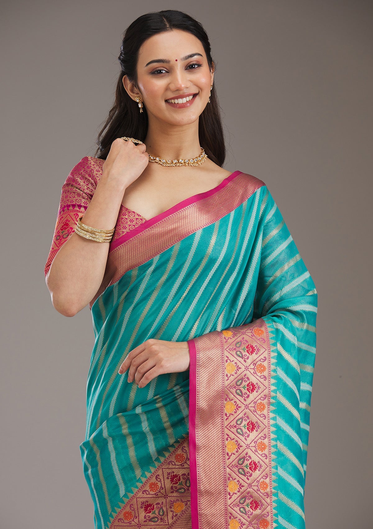 Turquoise Blue Zariwork Tissue Saree-Koskii