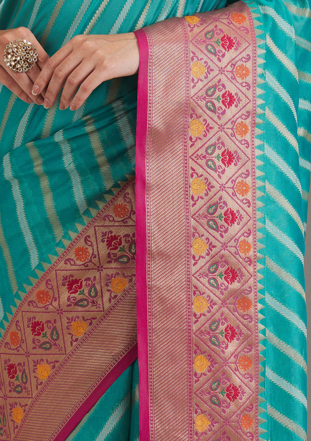 Turquoise Blue Zariwork Tissue Saree-Koskii