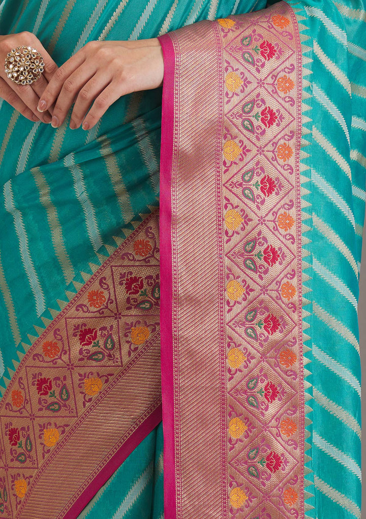 Turquoise Blue Zariwork Tissue Saree-Koskii