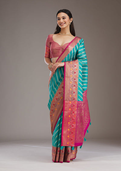 Turquoise Blue Zariwork Tissue Saree-Koskii