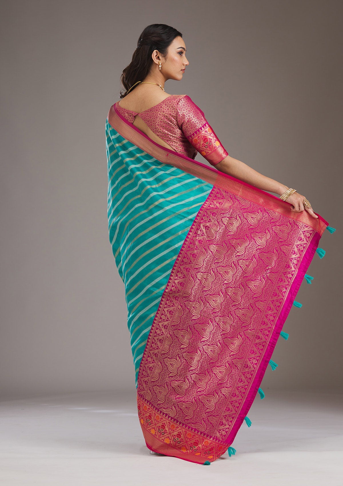 Turquoise Blue Zariwork Tissue Saree-Koskii