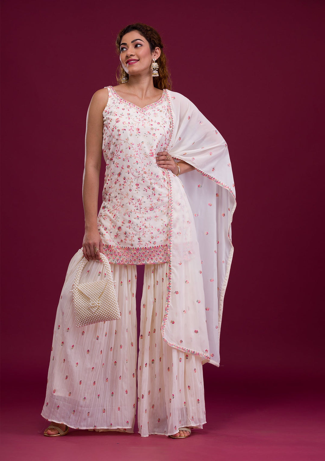White Kashmiri Threadwork Georgette Readymade Salwar Kameez-Koskii