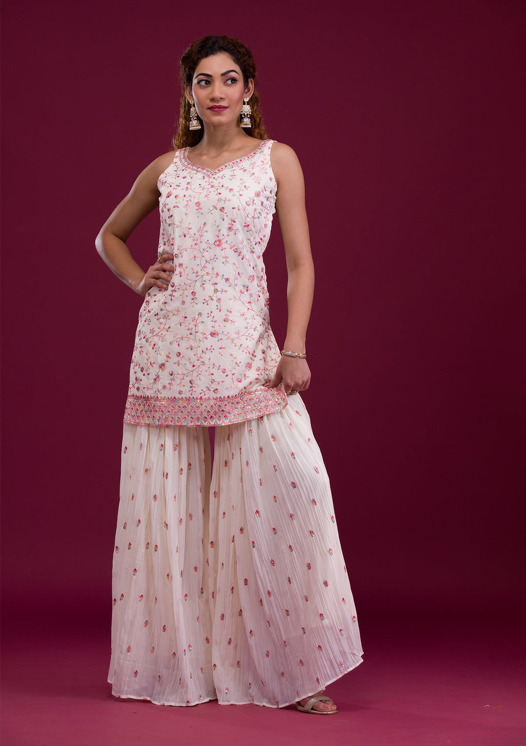 White Kashmiri Threadwork Georgette Readymade Salwar Kameez-Koskii