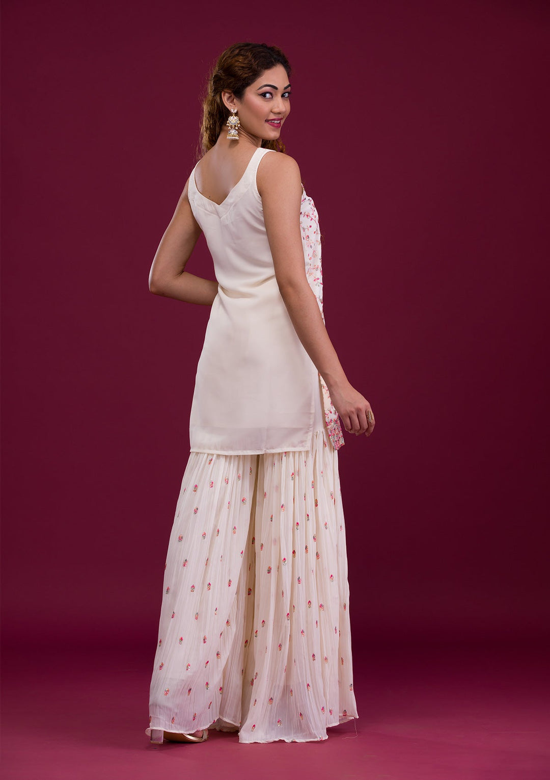 White Kashmiri Threadwork Georgette Readymade Salwar Kameez-Koskii