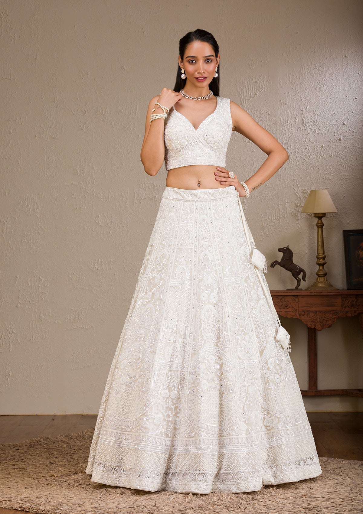 White Pearlwork Net Readymade Lehenga-Koskii