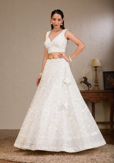 White Pearlwork Net Readymade Lehenga-Koskii